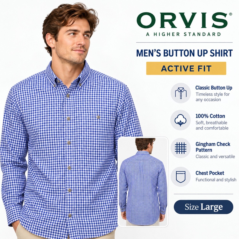 Orvis River Guide 2.0 Shirt Men L Blue Gingham Stretch UPF30 Fishing LS Nylon